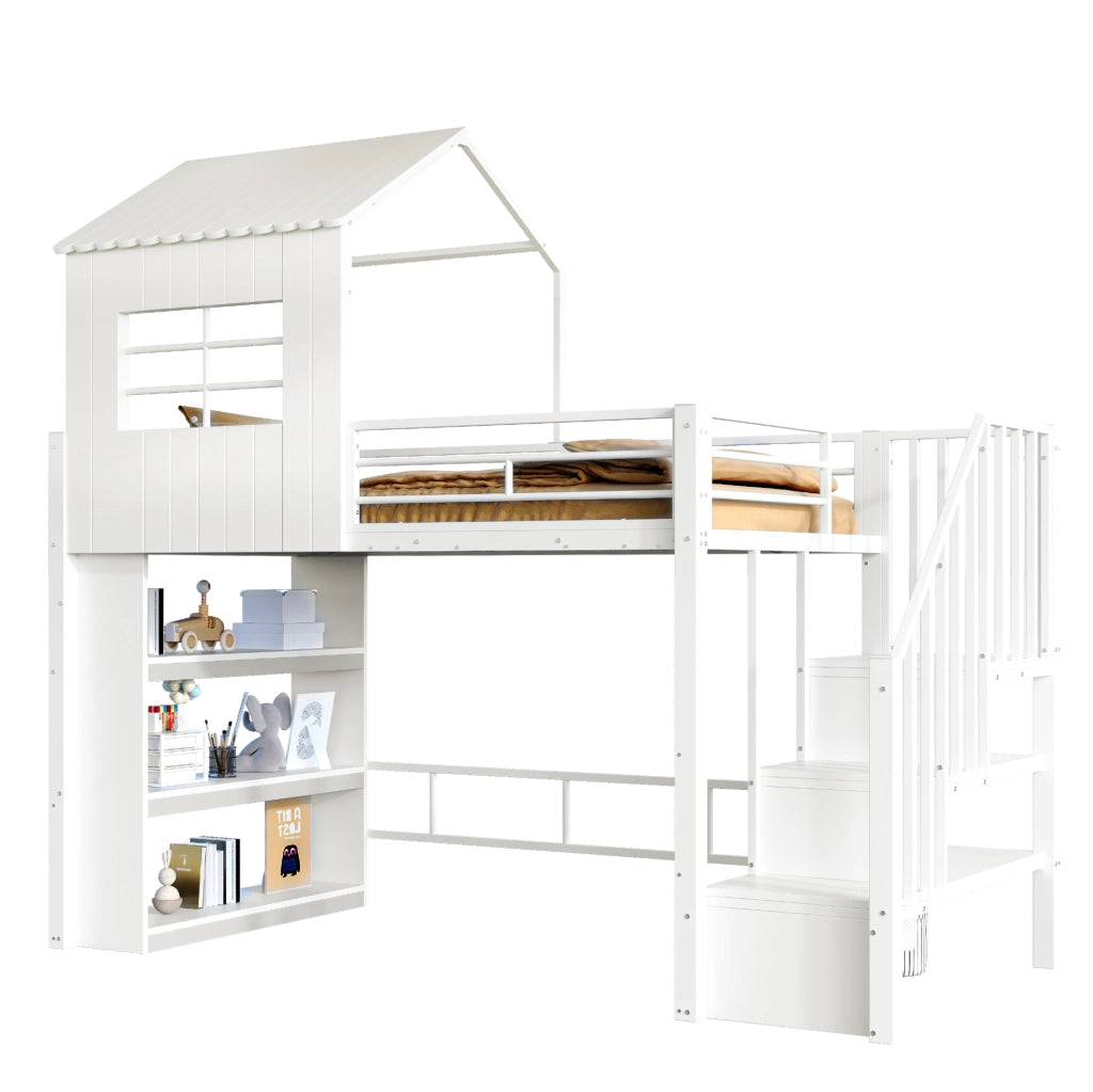 Letto a soppalco 90x200 cm con scala contenitore e scaffale; metallo e MDF; bianco