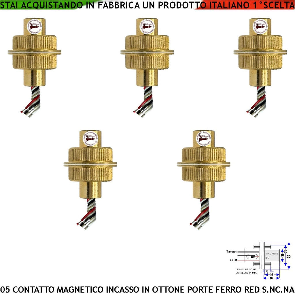 Allarme Contatto Magnetico In Ottone a Cilindro da Incasso 5 Pezzi Sensore Reed Scambio Rileva Posizione Cancello in Ferro Aperto Chiuso Campo 20 mm 5 Fili 3 C.NC.NA 2 Tamper Max 30 V 10 W Prot. IP65