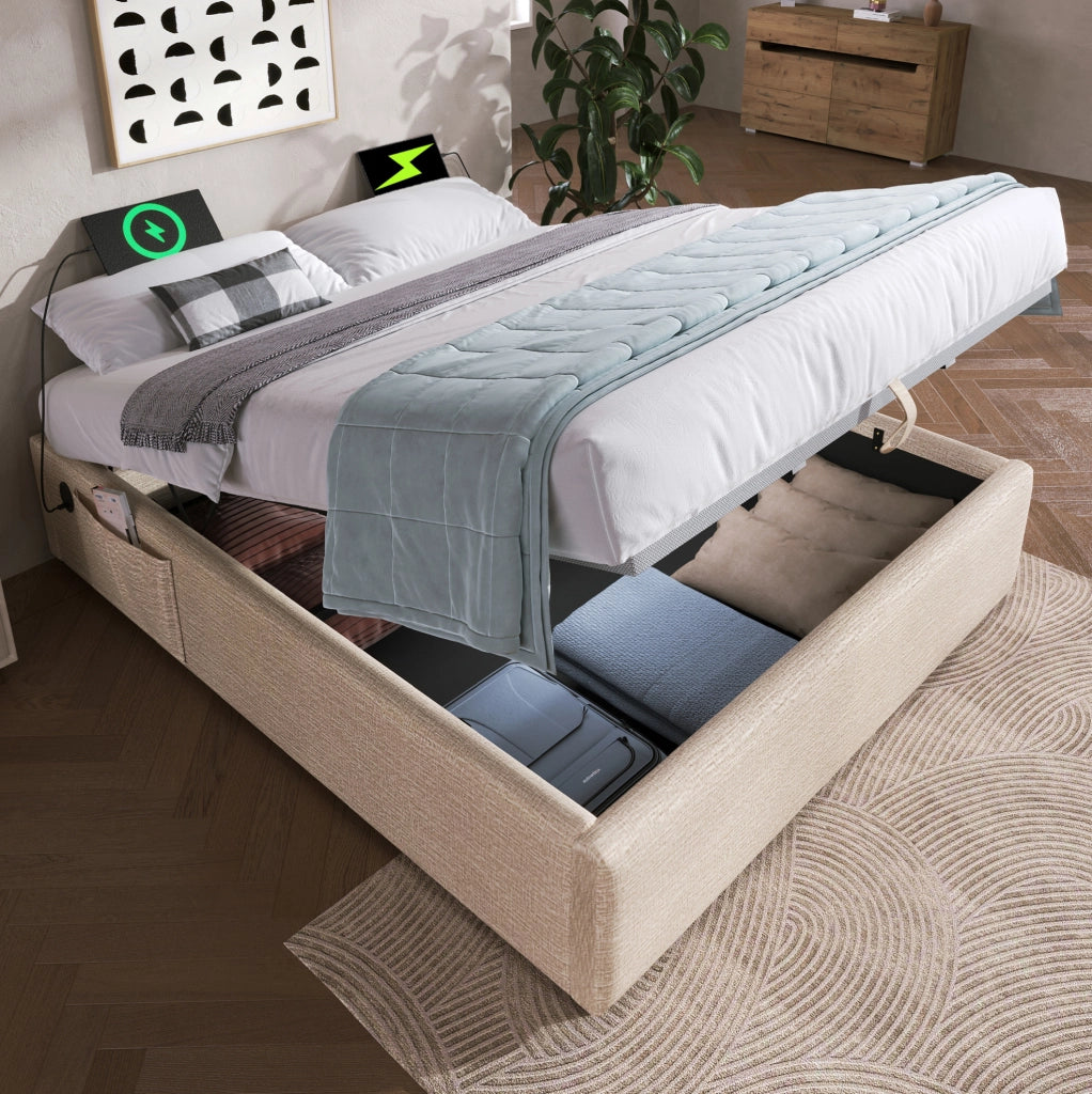 Letto matrimoniale contenitore 140x200 cm in lino; con USB e porta Type-C; beige naturale