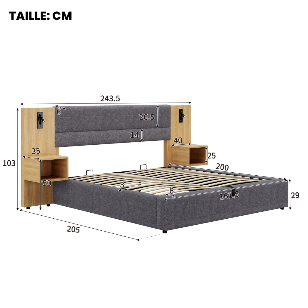 OKWISH Letto Contenitore 160×200 cm, Letto Matrimoniale con USB, Tipo C, Illuminazione e 2 Comodini, senza Materasso, in Velluto, Grigio e Naturale