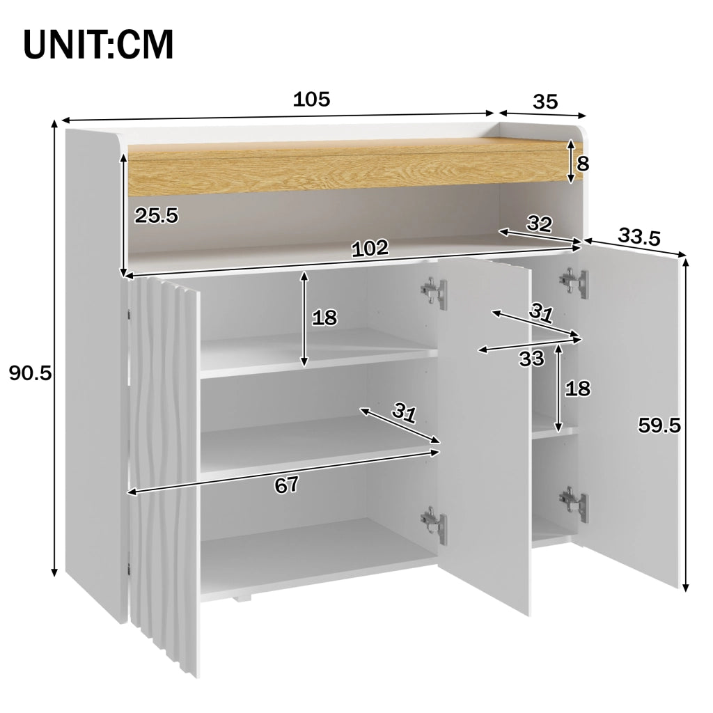 Sideboard moderno con 3 porte, LED integrato e ripiani regolabili, bianco e naturale, 105 x 33,5 x 76 cm
