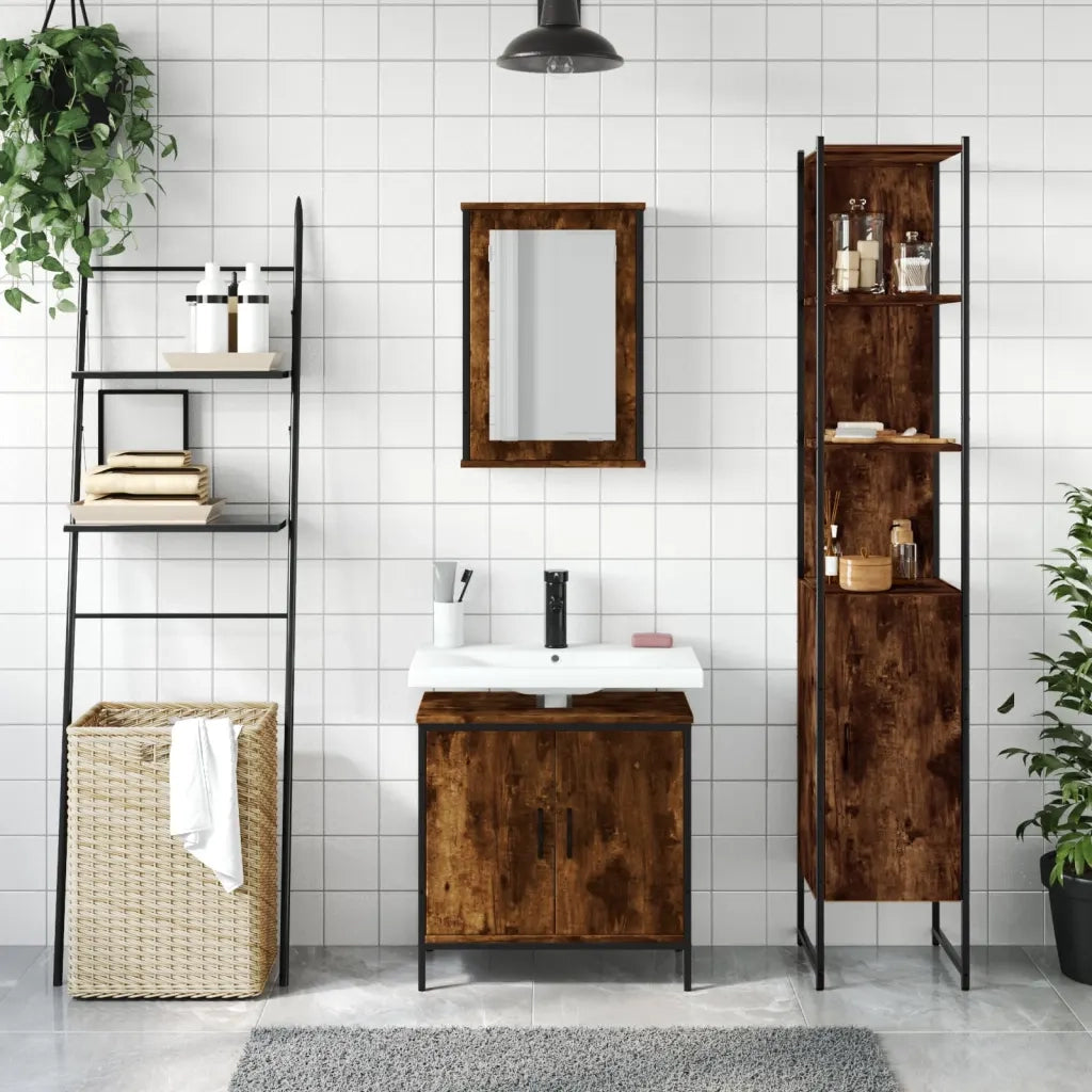 Set Mobili da Bagno | Armadio da bagno 3 pz Rovere Fumo in Legno Multistrato