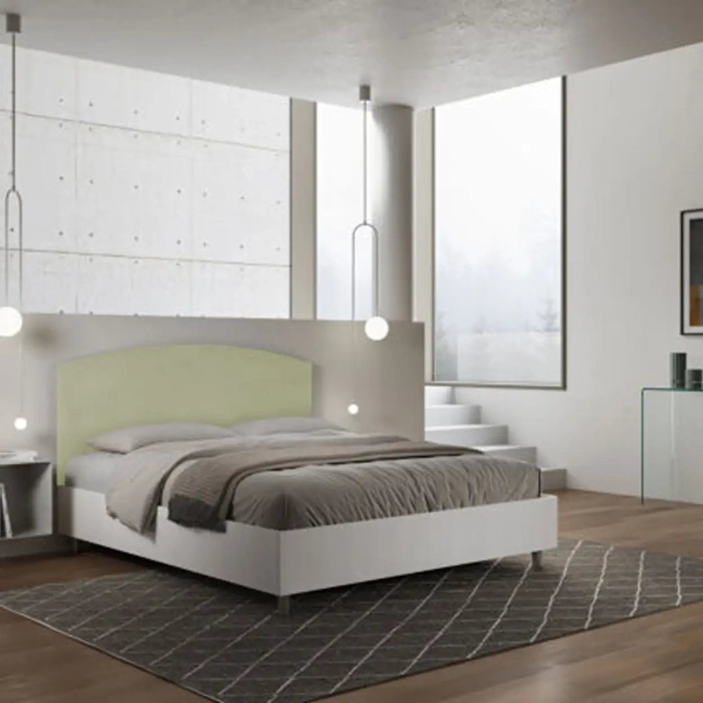 Letto matrimoniale contenitore 160x190 bianco frassino testata microfibra tè verde Antilia