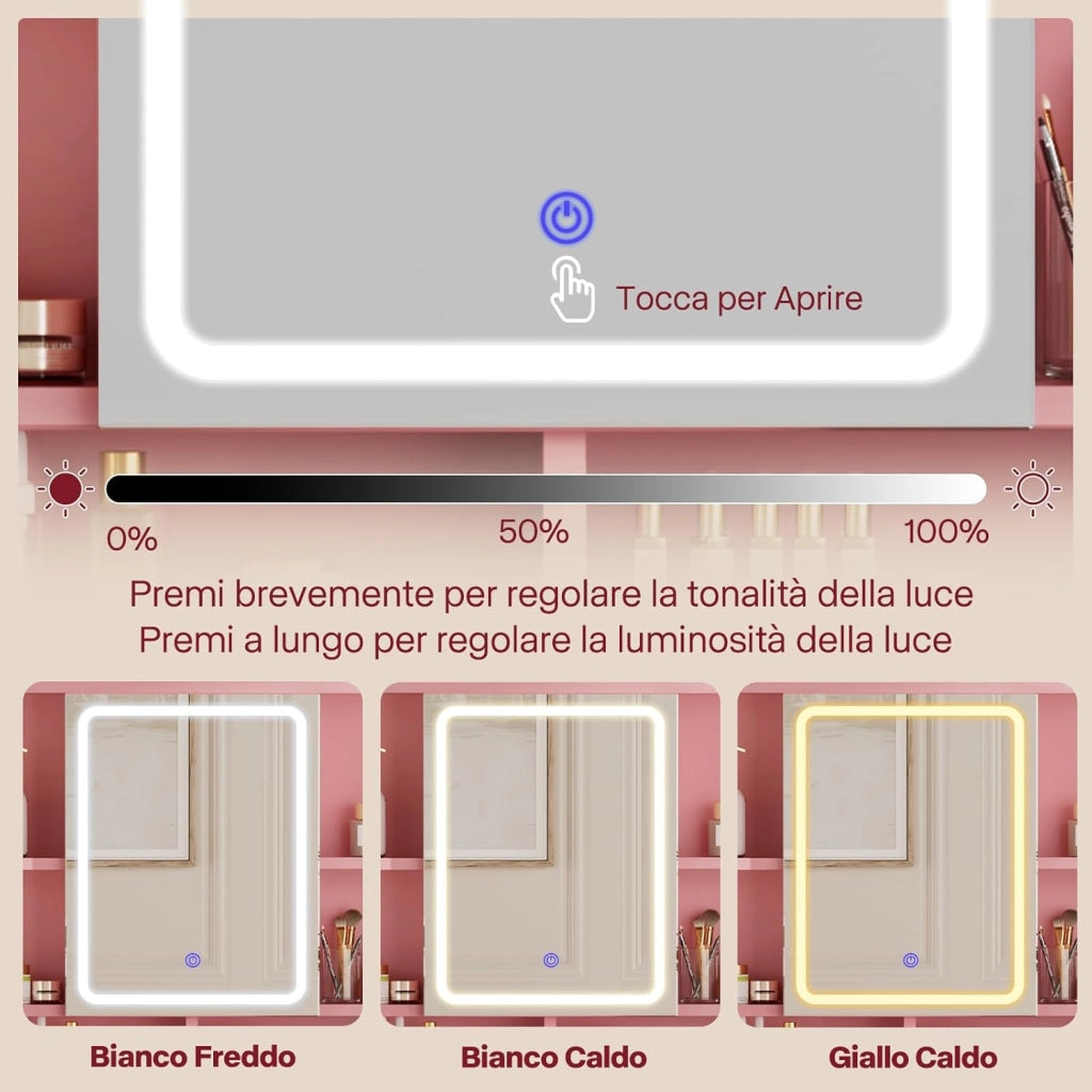 Toeletta da Trucco con Luci LED,Tavolo da Trucco con Sgabello, Postazione Trucco con Specchio,Scomparti Aperti, Ripiani Regolabili,Moderno,per Camera da Letto,Rosa