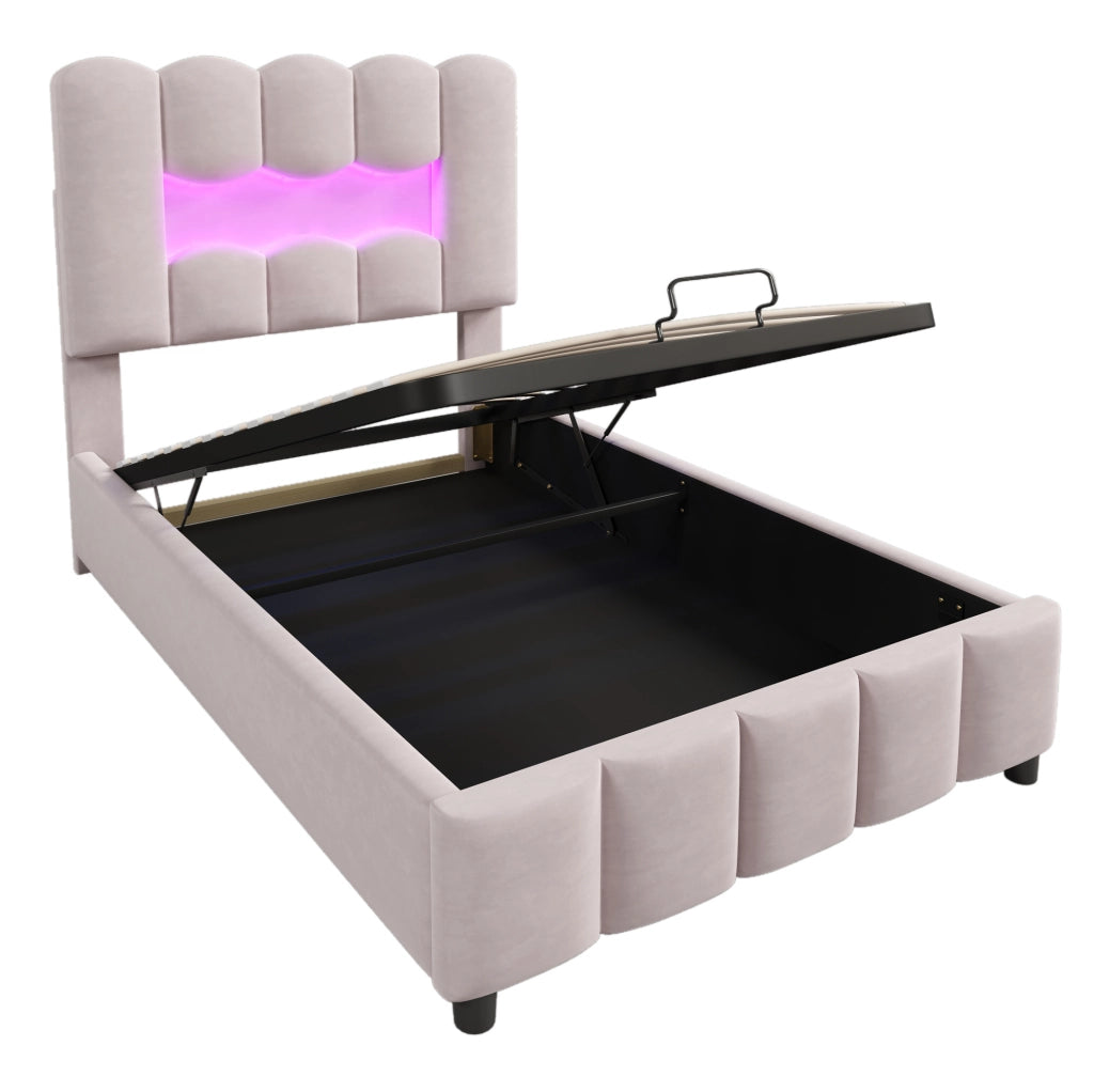 Letto imbottito 90x200 cm con contenitore idraulico; LED e testiera regolabile in velluto rosa
