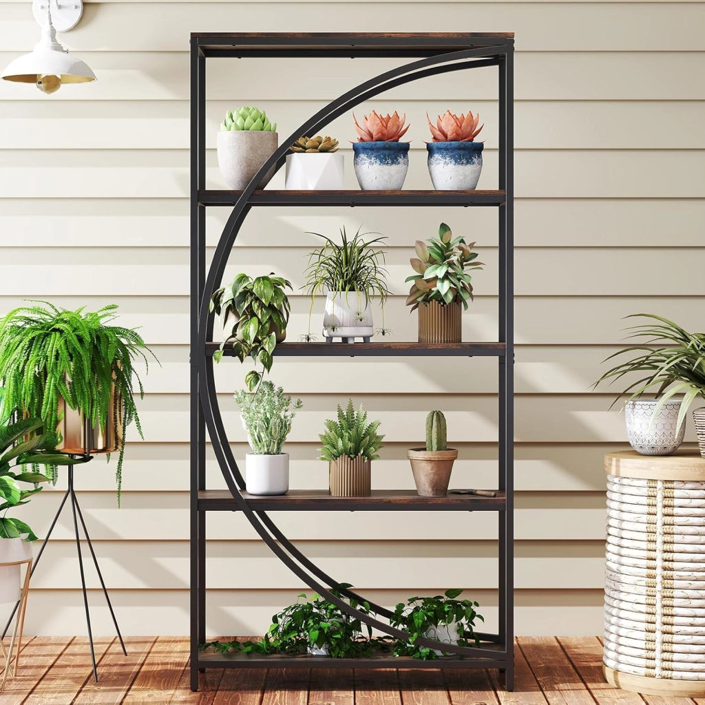 Libreria a 5 Ripiani, Scaffale Alto Indipendente con Design a Mezzaluna, Struttura in Metallo, Libreria da Parete per Soggiorno, Ufficio e Studio, 86 x 30 x 175 cm (Marrone Rustico)