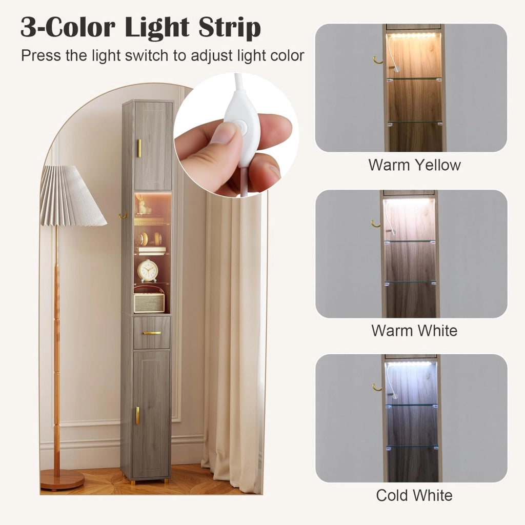 Colonna Bagno Alta, Ripiano in Vetro Temperato, Luce a 3 Colori, Piccolo Mobile di Stoccaggio Bagno, 2 Ante, 1 Cassetto, per Soggiorno, Ufficio, 20 x 20 x 181 cm(4Ripiano-2, Grigio)