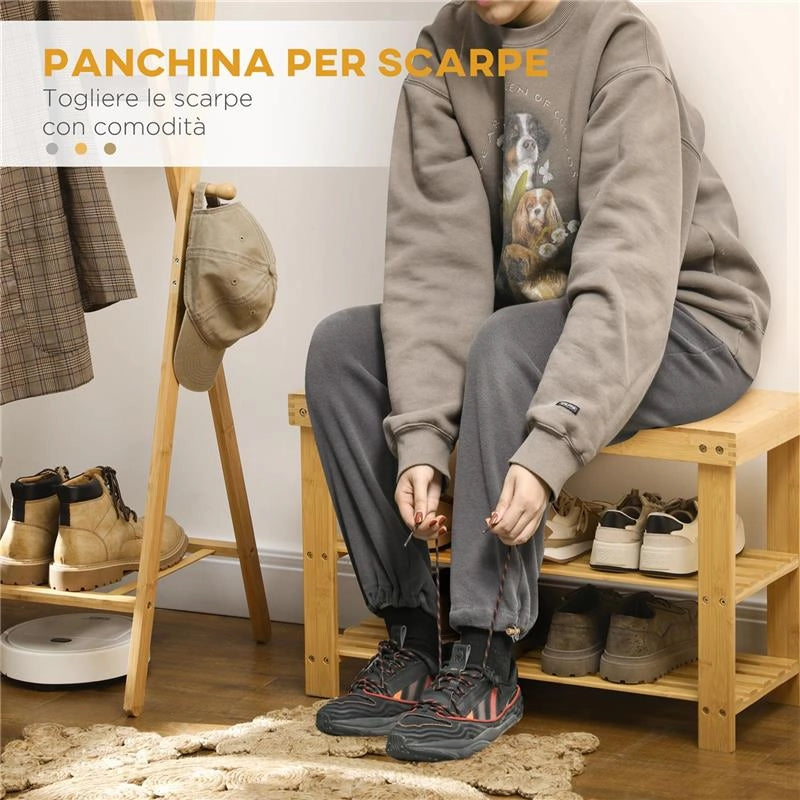 PANCA SCARPIERA BASSA IN BAMBÙ CON 2 RIPIANI A DOGHE E SEDUTA 70X28X45 CM NATURALE