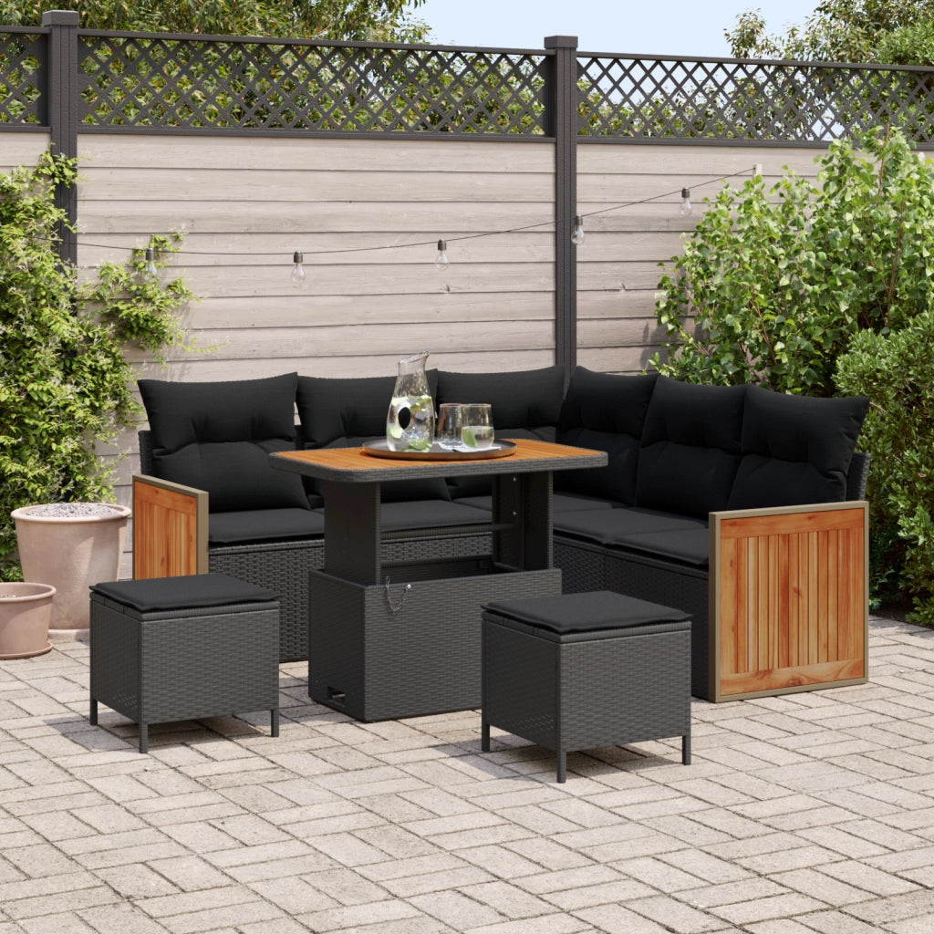 Set di 8 Pezzi Divano da Giardino con Cuscini Nero Rattan Polipropilene Acacia
