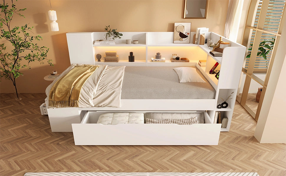 DESMIU Letto divano 90 × 200 cm 1 posto con USB, Type-C, LED, ripiani e cassetti, senza materasso, bianco