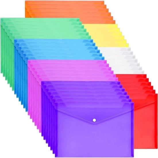 Documentario trasparente A4, 33,2 x 23,7 cm, 40 pezzi, chiusura con adesivi e spazio per etichetta, contenitori acqua-resistenti per scuola, casa, ufficio, 8 colori