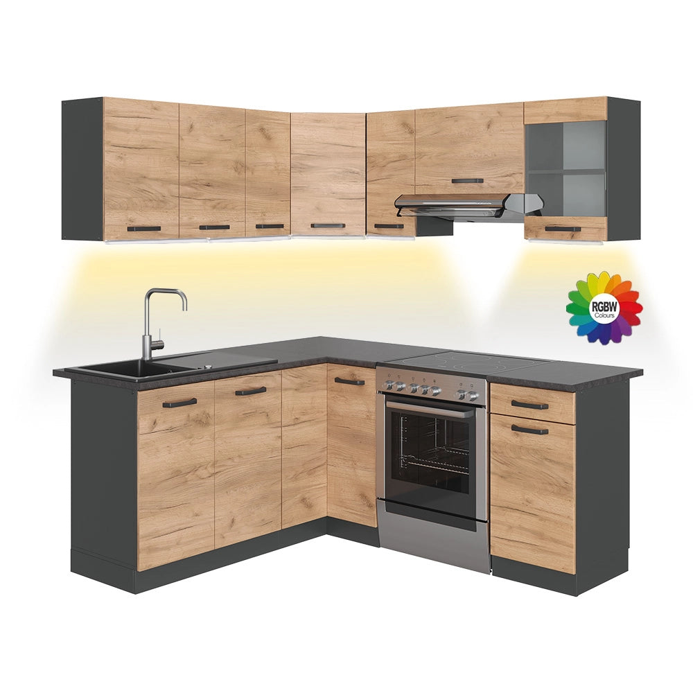 Vicco Cucina ad angolo Quercia dorata/antracite 187 x 60 cm AP Antracite con strisce LED