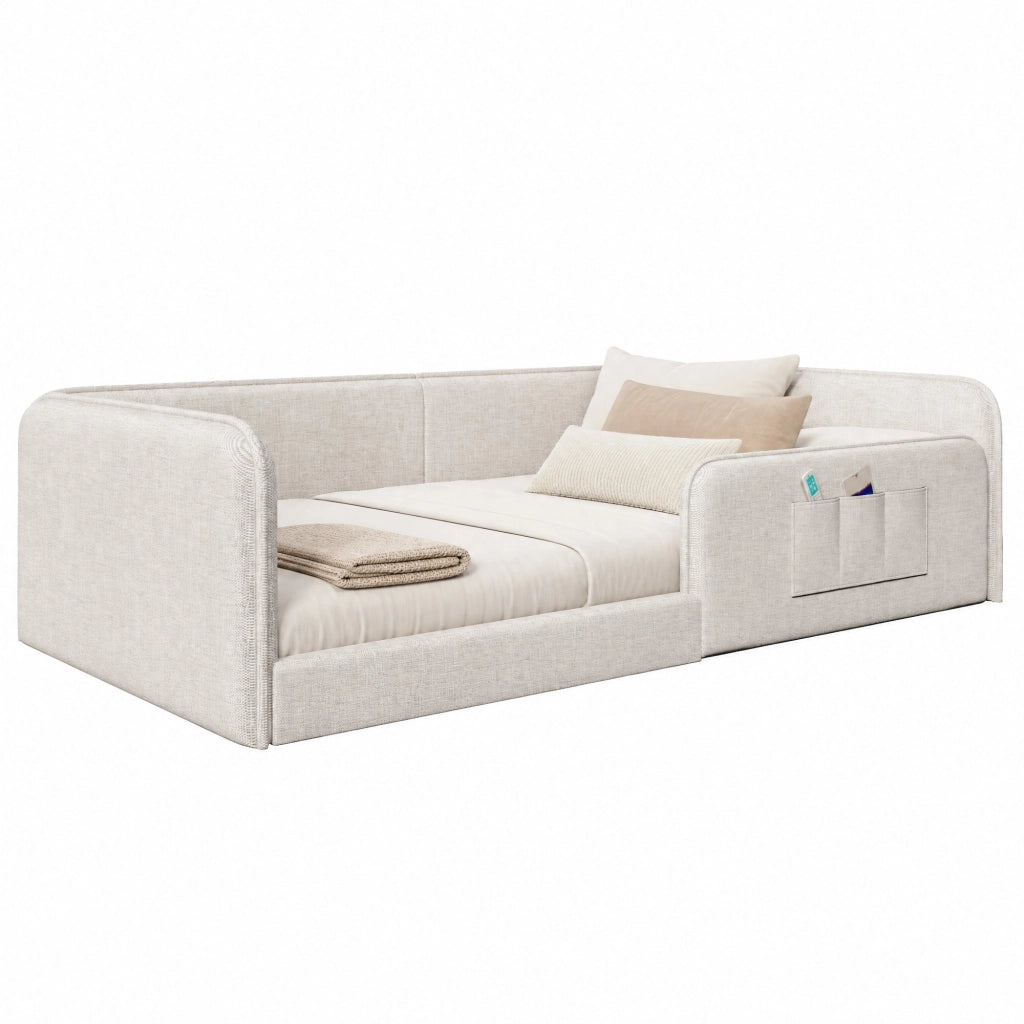 Letto Basso 90x200 cm; Letto Singolo - Tasche Laterali e Schiuma; in Lino - Beige