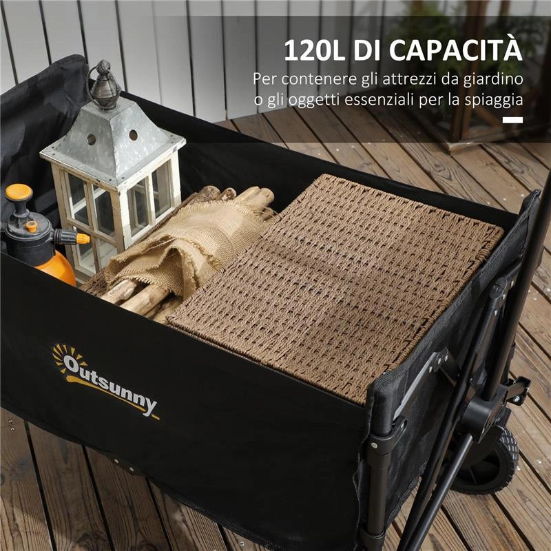 CARRELLO DA GIARDINO DA 120L PIEGHEVOLE CON PANNELLO APRIBILE IN ACCIAIO  90X48X62 CM NERO