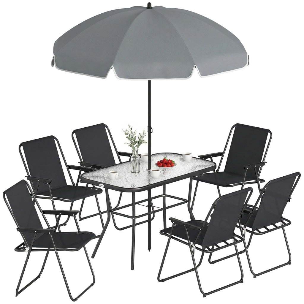 Set Giardino 8 Pezzi con Ombrellone, Sedie Pieghevoli e Tavolo Esterno in Vetro ¨C Minimal ¨C Nero