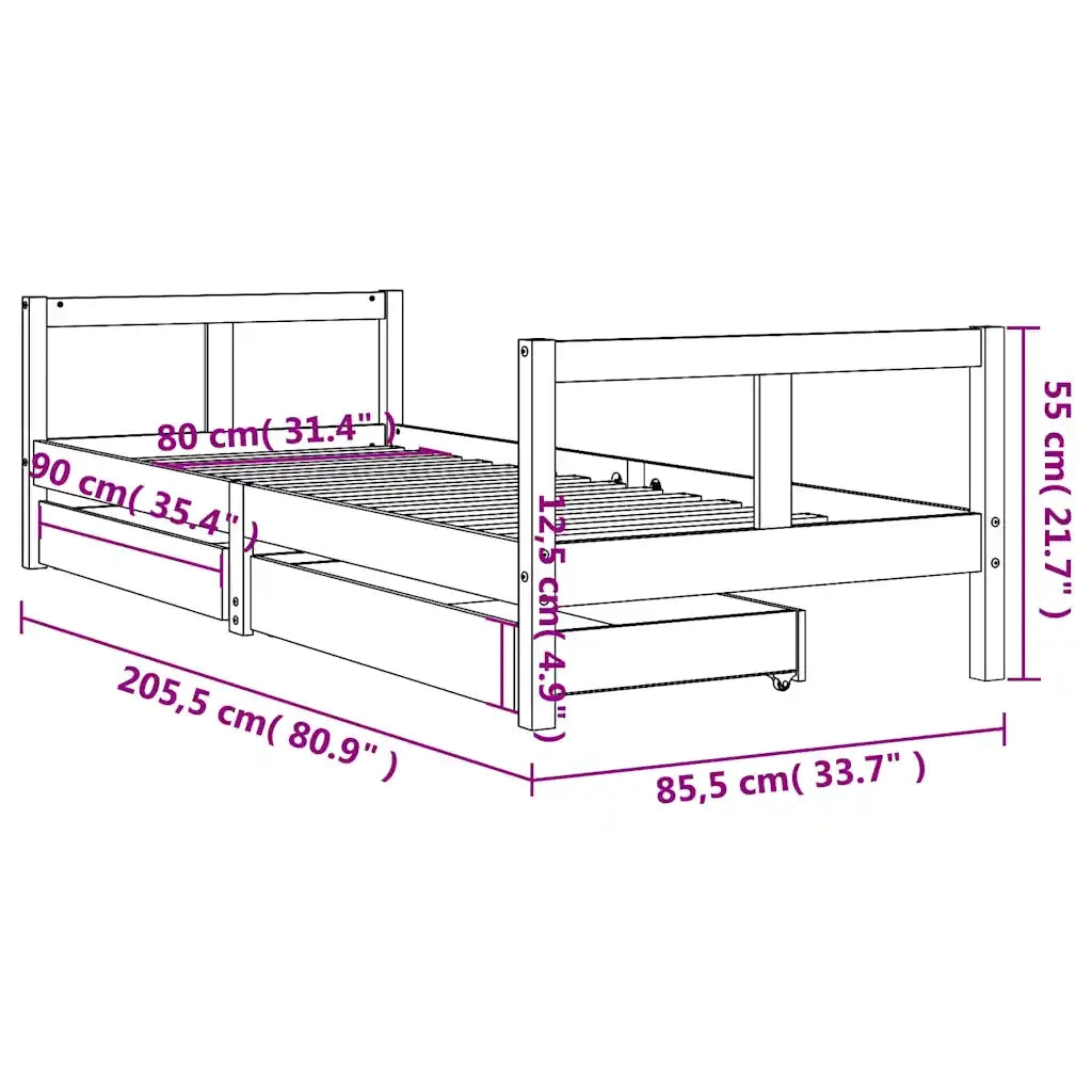 Giroletto Bambini | Letto Infantile | Lettino con Cassetti Bianco 80x200cm Massello di Pino