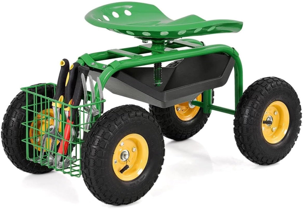 Sedia a rotelle per giardinaggio, da giardino, girevole a 360° e regolabile in altezza, altezza 46-53 cm, portata 150 kg, con ripiano e cesto, per giardinaggio e cura auto (verde)