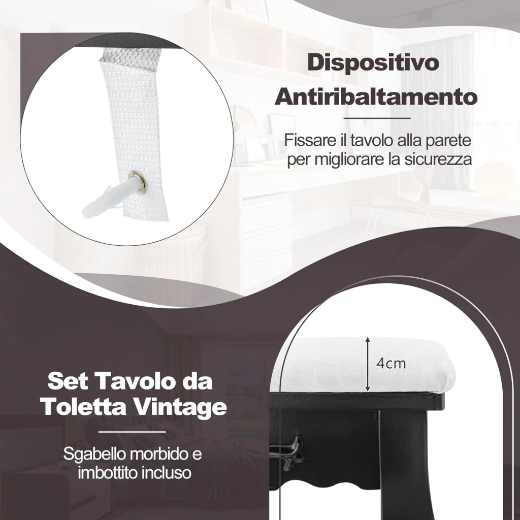 Toeletta Trucco con Specchio e 10 Luci LED, Luminosità Regolabile, Postazione Trucco con Sgabello Imbottito, Tavolo da Trucco Scrivania con 4 Cassetti Camera da Letto (Nero)