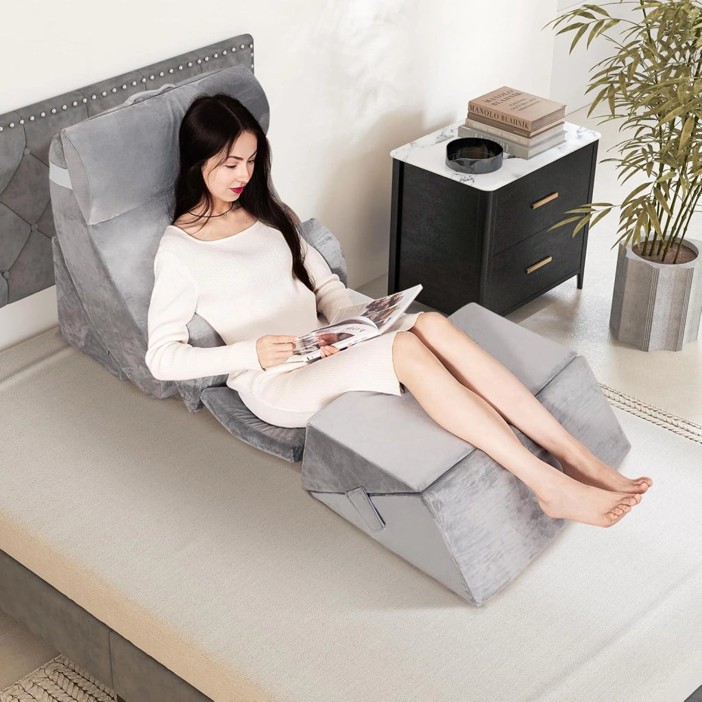 Set di 7 Cuscini per Letto/Divano, Cuscini per Corpo in Memory Foam Regolabili con Copertura Lavabile, Supporto per Testa, Collo, Schiena, Grigio