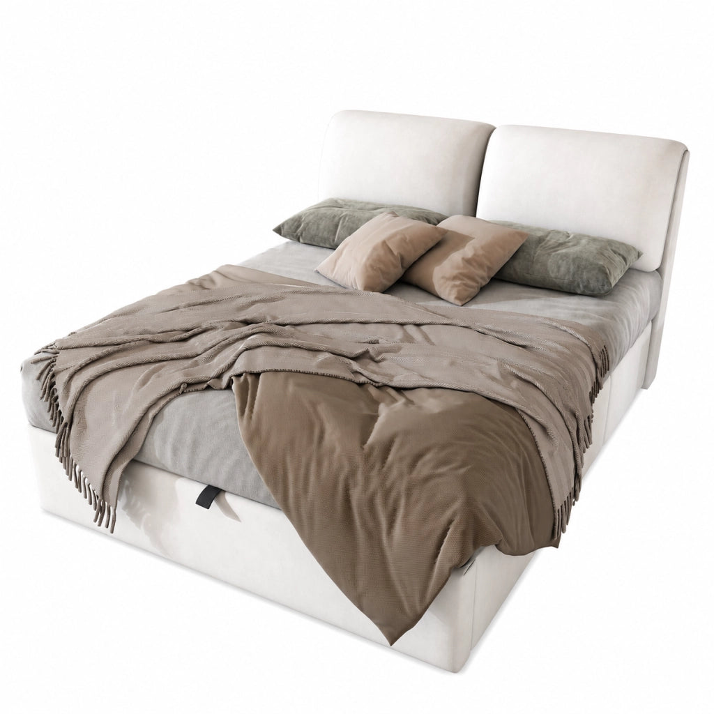 Letti contenitori 140x190 cm; contenitore idraulico e 3 cassetti; velluto; beige (Senza materasso)