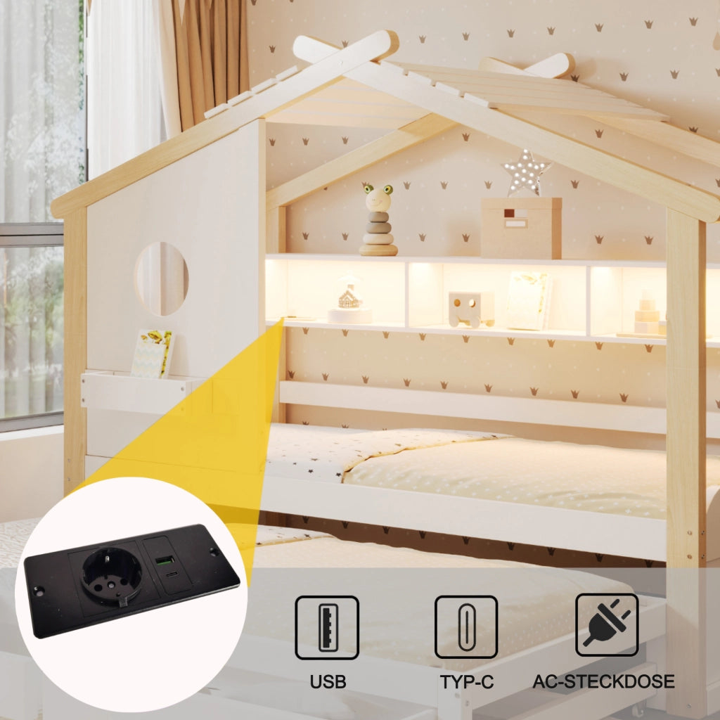 Letto Singolo per Bambini con Letto Estraibile ¨C MINIMAL ¨C Bianco, LED, USB, Cassetti, 90x200