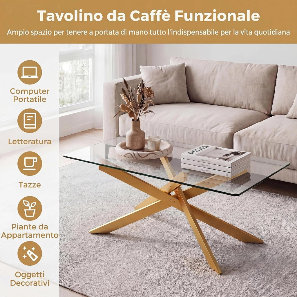 Tavolino da Salotto con Piano in Vetro Temperato, Gambe Incrociate e Piedini Regolabili, Tavolo Basso in Stile Industriale per Soggiorno, Camera da Letto, Ufficio, 120 X 60 X 45,5 CM (Dorato)