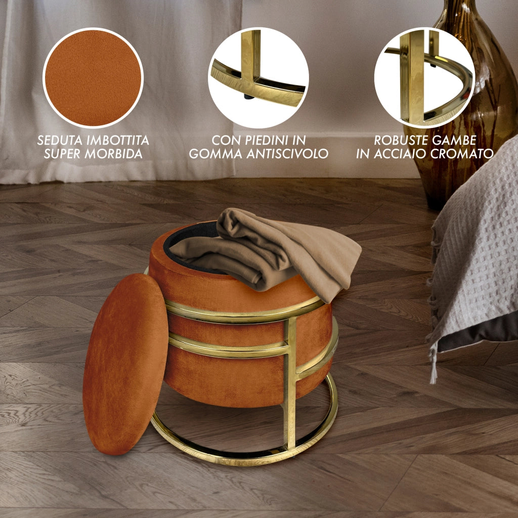 Pouf Contenitore Poggiapiedi Velluto Con Struttura Circolare Cromata Oro Elegante Imbottito Sgabello Per Toeletta Mobile Trucco Ottomano Ingresso Camera Da Letto Rotondo - Ruggine