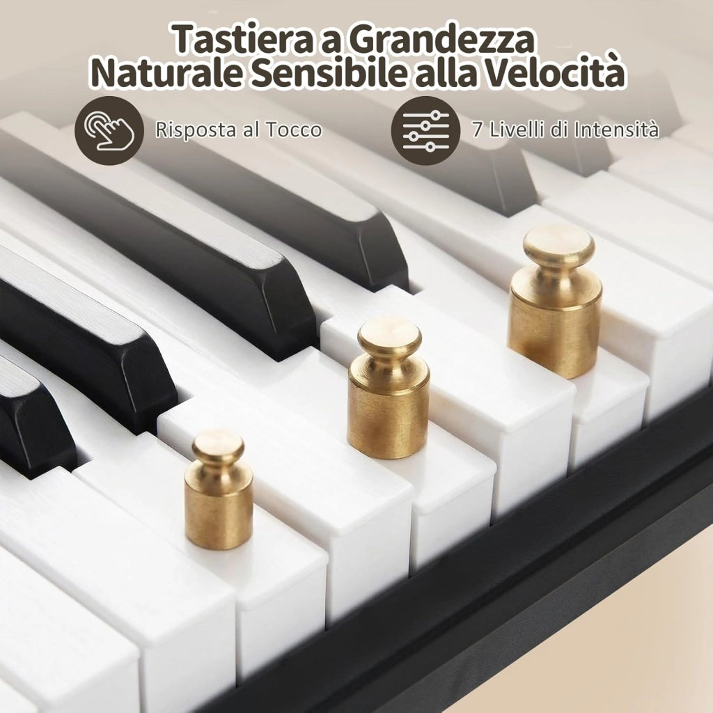 Tastiera Pianoforte a 61 Tasti, Set Pianoforte Elettrica con Supporto e Sgabello Regolabili, 128 Ritmi & 128 Toni e 80 Demo, Strumento Musicale per Bambini, Adolescenti e Adulti