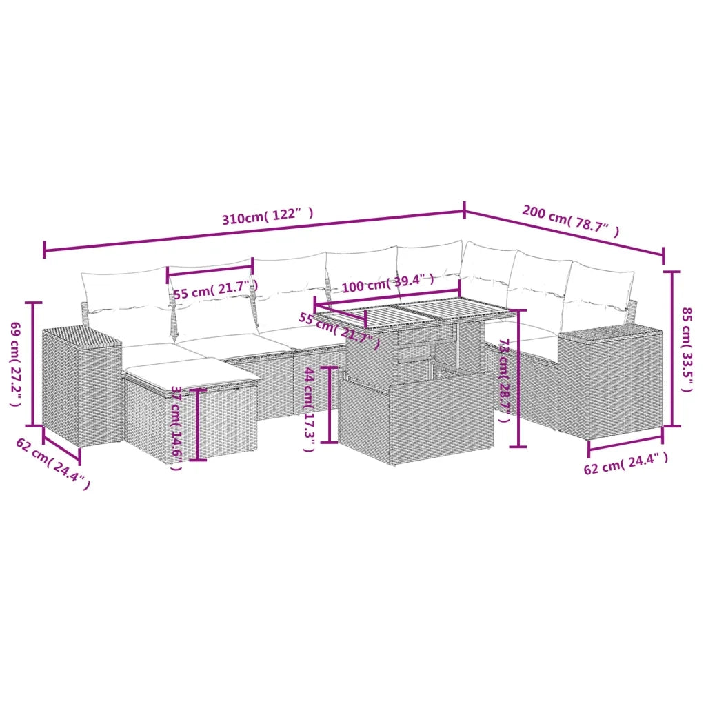 Set Divano da Giardino 9 pz con Cuscini Beige in Polyrattan