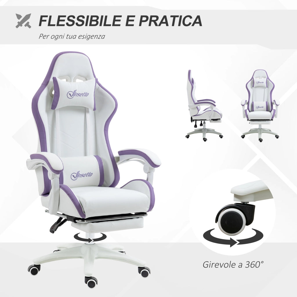 Sedia da Gaming con Altezza Regolabile e Schienale Reclinabile. 65x65x121-129 cm. Bianco e Viola