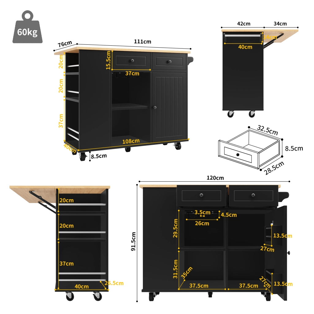 Isola cucina con ripiani estraibili - Zephmum - Piano di lavoro, porta snack, porta bicchieri, finitura in legno, nero
