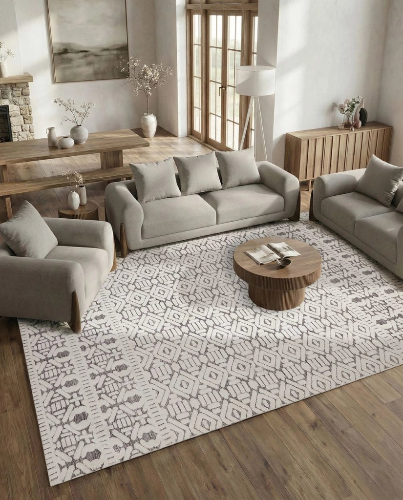 Tappeto decorativo in poliestere e cotone bianco e grigio 300 x 400 cm sala da pranzo camera da letto