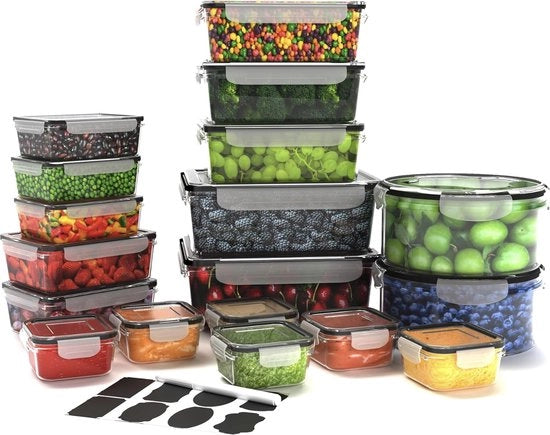 Set di contenitori e coperchi da 24 pezzi (12 contenitori, 12 coperchi), 100% impermeabile all'acqua, resistente al microonde, in freezer, in lavastoviglie, BPA-free, inclusi etichette, pennarelli, 6 set di contenitori per salse.