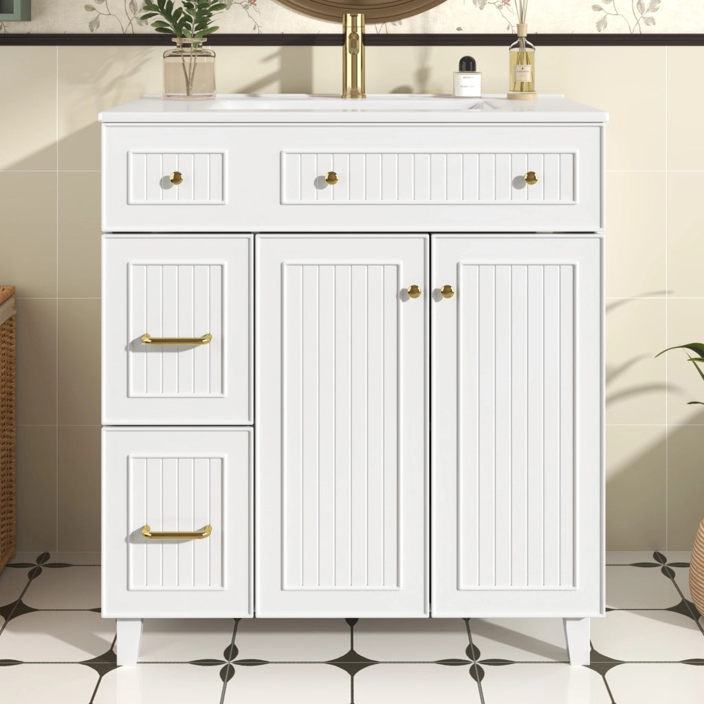Mobile sottolavabo con lavabo in ceramica, 2 cassetti e 1 anta, piedini in legno massello, per bagno, bianco, 81,7 cm