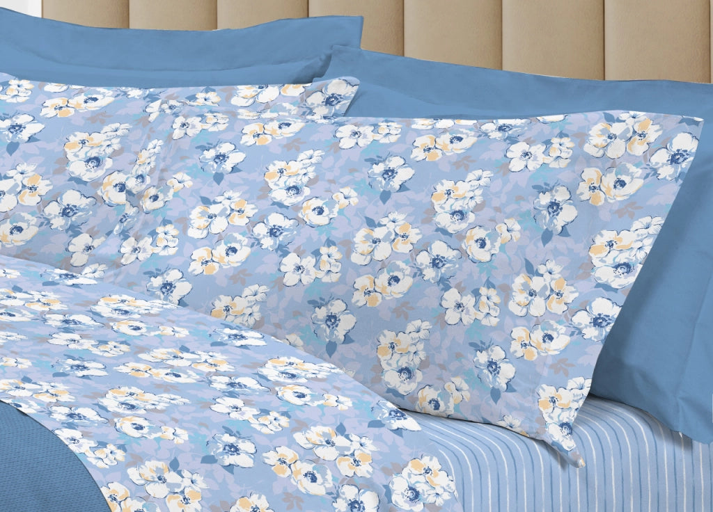 Completo Lenzuola Letto 100% Cotone Italy 3027 Disegno Indie - Singolo - Azzurro