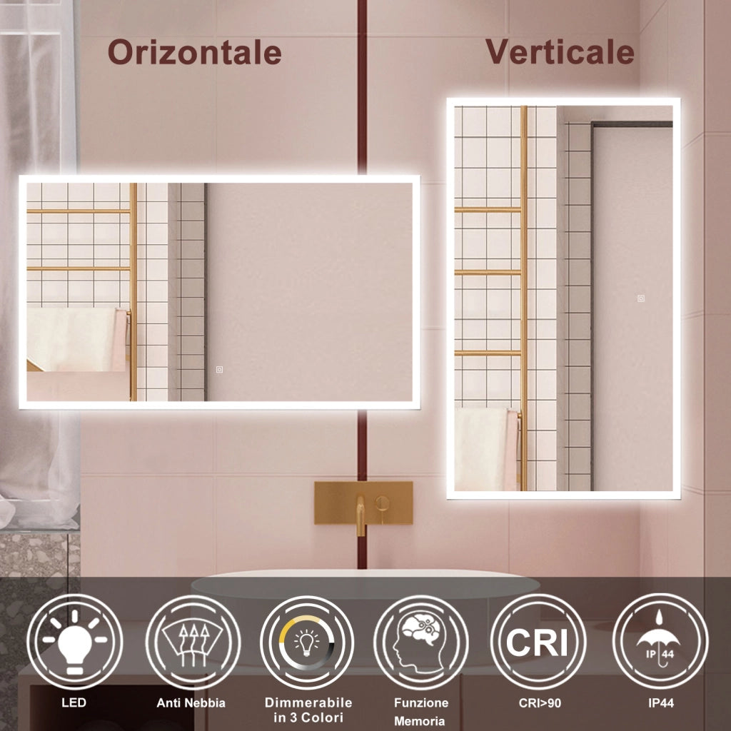 AICA Specchio da bagno  120 x 70 cm, dimmerabile, Funzione Memoria, antiappannamento, 3 colori