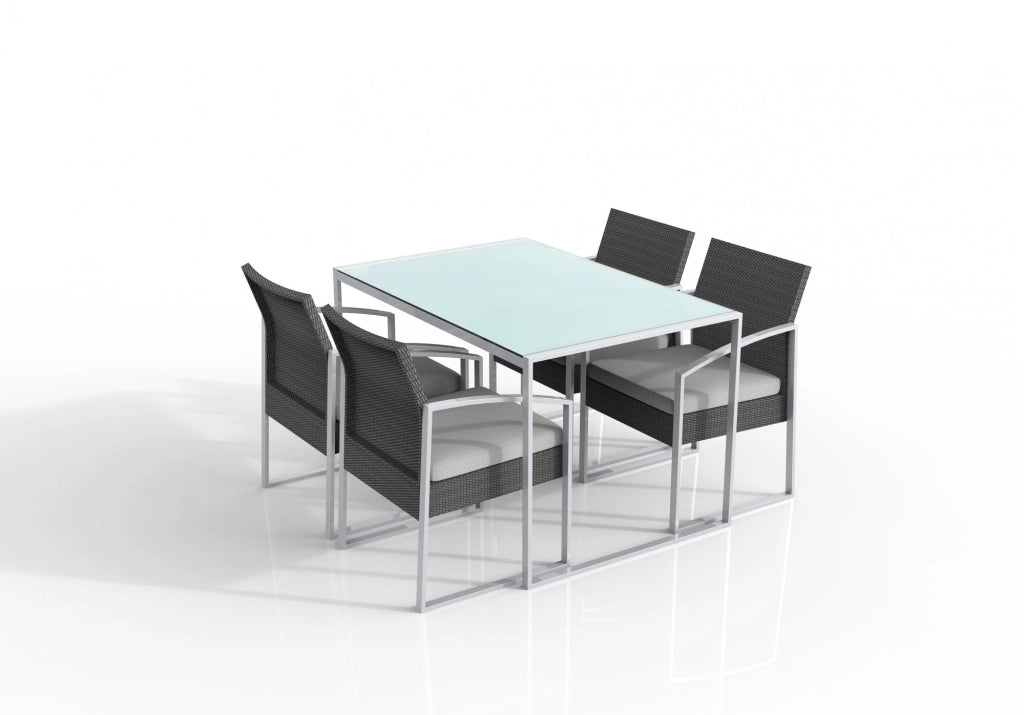 Set tavolo da pranzo tavolo con 4 sedie, polirattan nero lavato, cuscini grigio Fredi Baboi