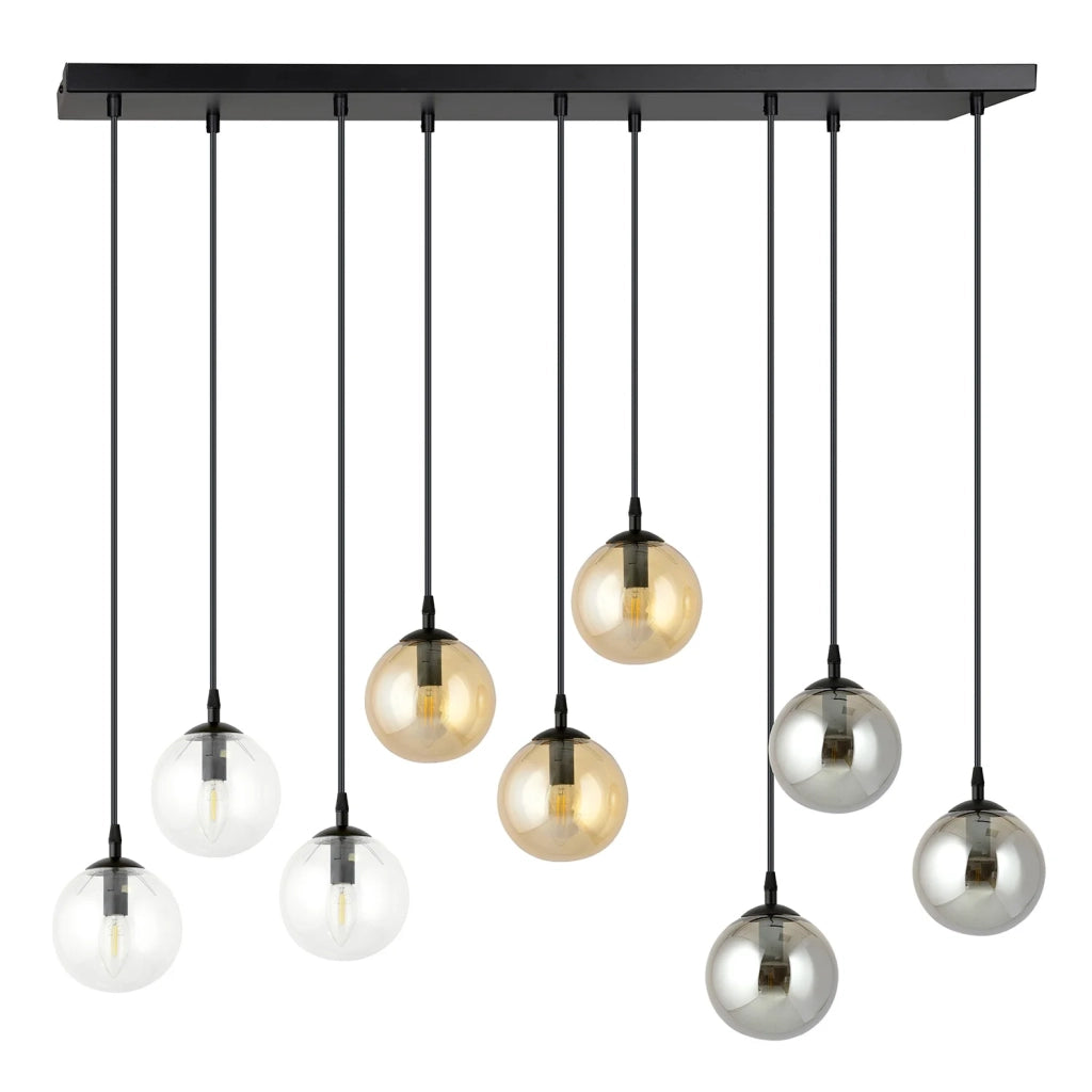 Sospensione Moderna 9 Luci Kali In Acciaio Nero E Sfere In Vetro Multicolor
