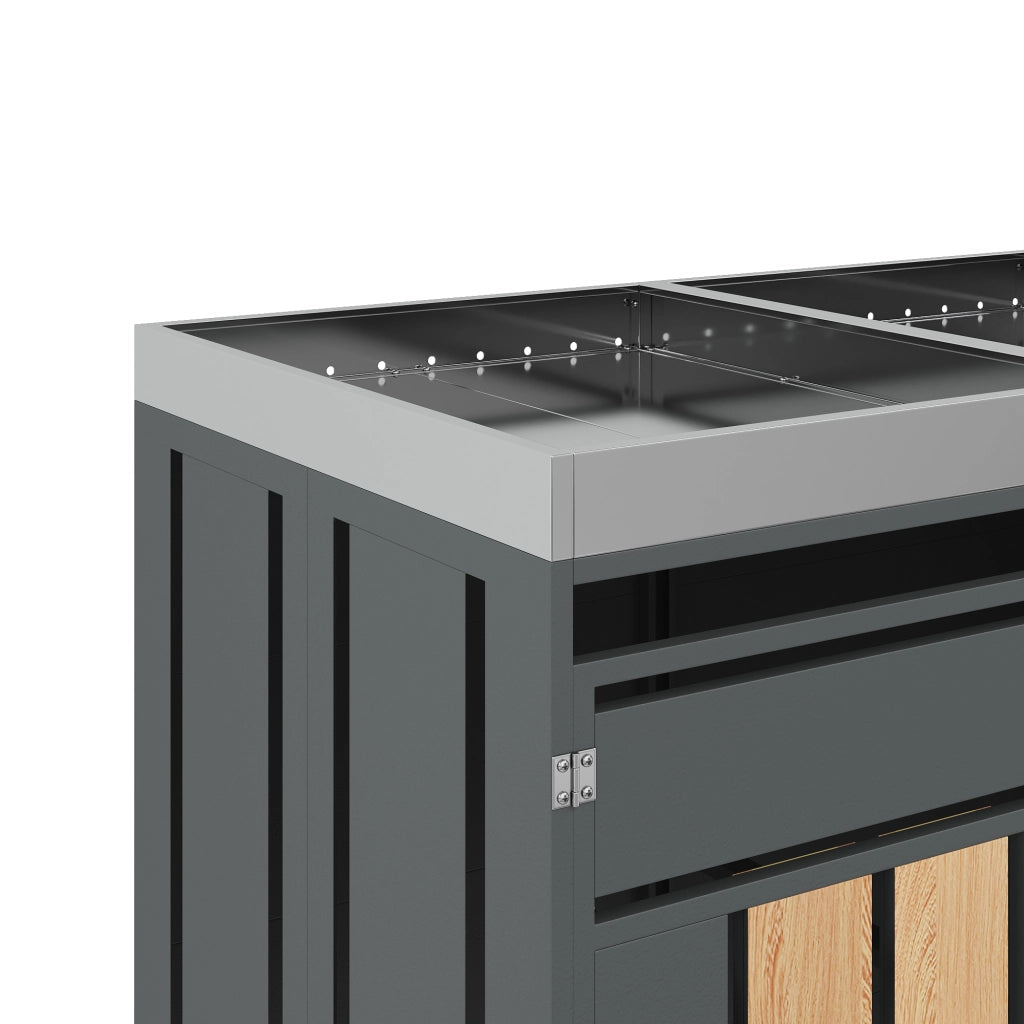 Copribidoni con Fioriera Integrata e 4 Scomparti con Serratura in Acciaio Grigio con Effetto Legno