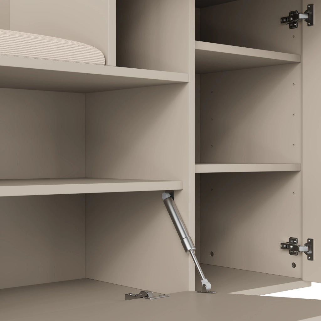 Set mobili da ingresso con specchio, panca imbottita, ripiani, appendiabiti e scarpiera in MDF Beige Crema