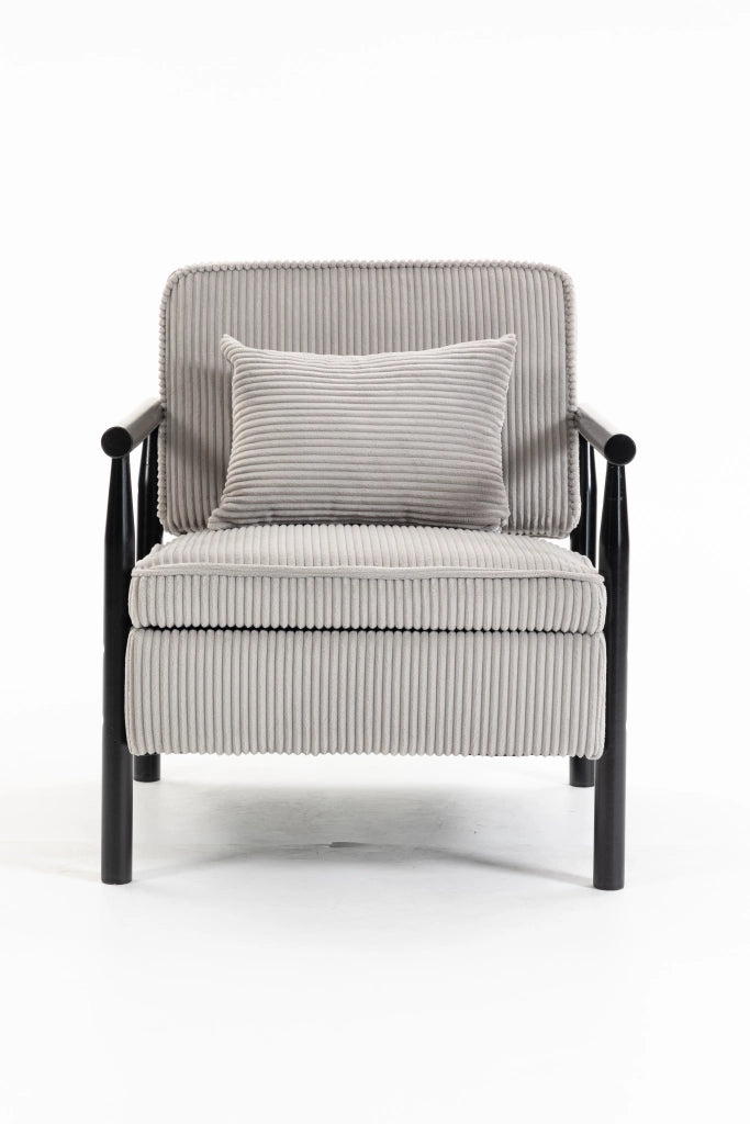 Poltrona contenitore in velluto grigio chiaro con struttura in legno e cuscino lombare