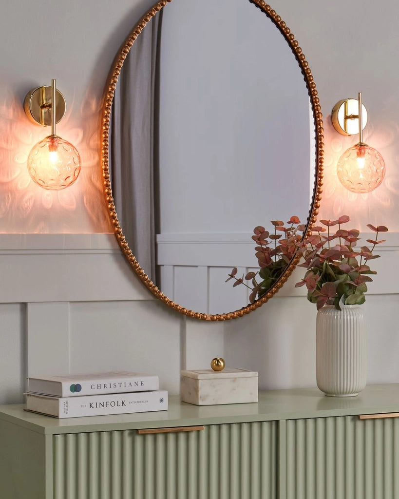 Set di 2 lampade da parete con paralume in vetro rosa e metallo dorato stile Industriale moderno