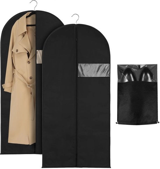 Set da abbigliamento 2 pezzi con cassetto per scarpe, 120 x 60 cm, contenitori da abbigliamento in tessuto nero con zip, contenitori da abbigliamento muniti di protezione contro le tarme, contenitori da abbigliamento per abiti lunghi.
