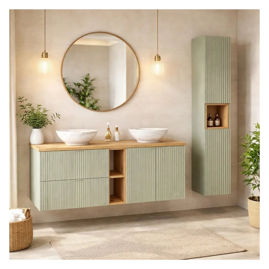 Insieme ELVINA 170cm: mobili sotto lavabo con nicchie visibili a cassetti e armadietti + due lavabi da appoggio marmorizzati + colonna