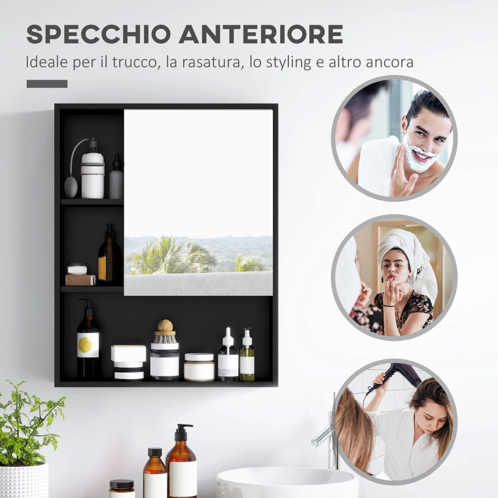 Armadietto Bagno con Specchio e Ripiani Regolabili - Minimal - Nero 60x15x76 cm