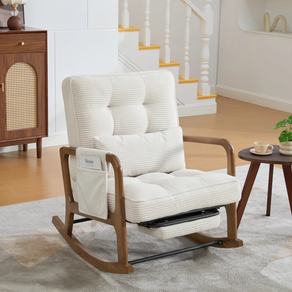 POLTRONA A DONDOLO con poggiapiedi e tasca laterale 70x80x92 cm corda beige