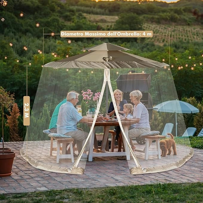 Zanzariera per Ombrellone da Esterno, Zanzariera Regolabile da Patio con 2 Porte a Doppia Cerniera, Rete per Copertura Ombrellone, 12,5 x 2,3 m
