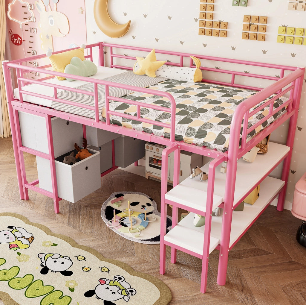 Letto a soppalco basso per bambini 90x200 cm in metallo e MDF; rosa; con scala ampia e vano portaoggetti