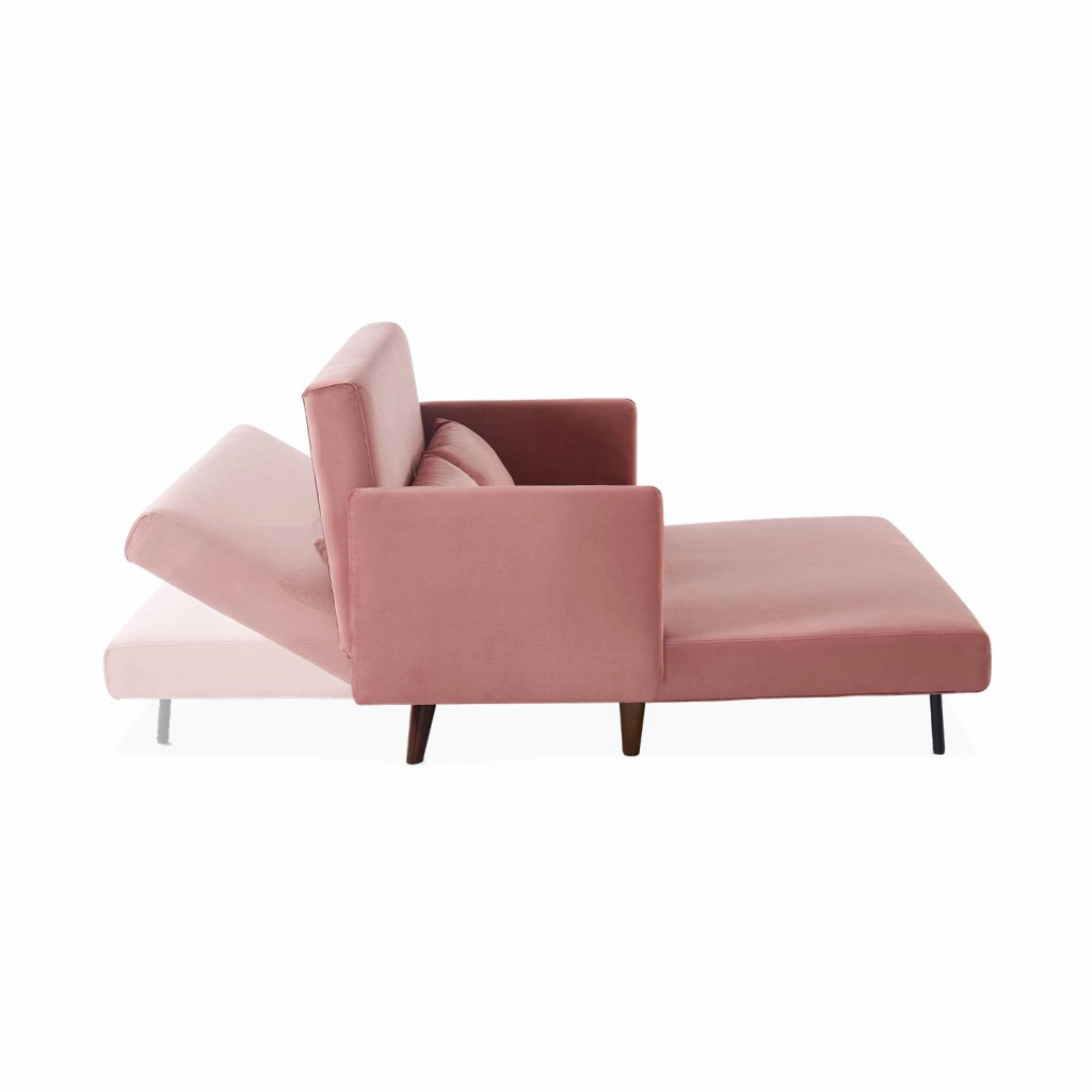Divano letto in velluto con gambe in legno, 2 posti, rosa antico