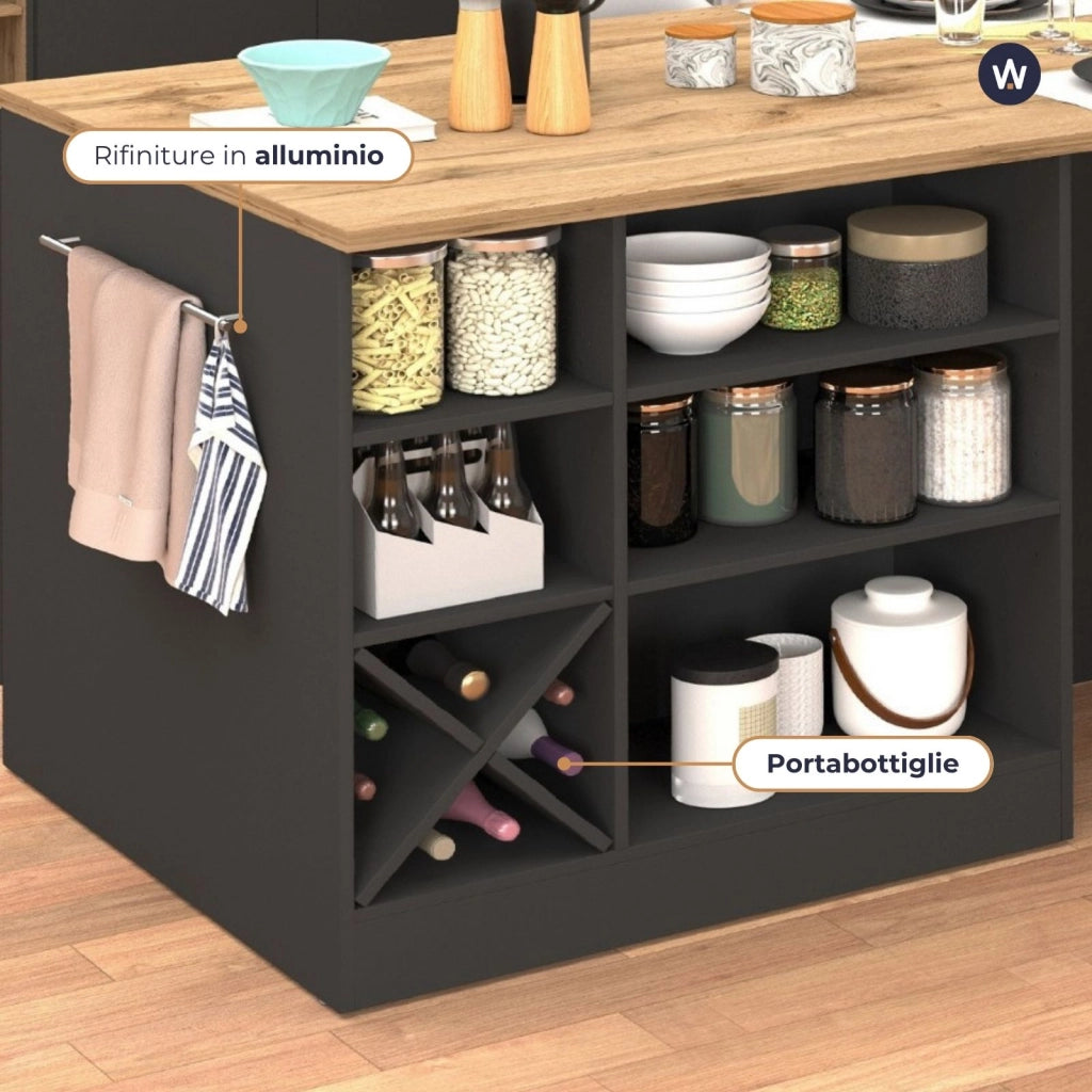 WHOUS Isola da cucina Sole con 1 anta 2 cassetti e 6 vani antracite opaco/rovere 153x90x91 cm